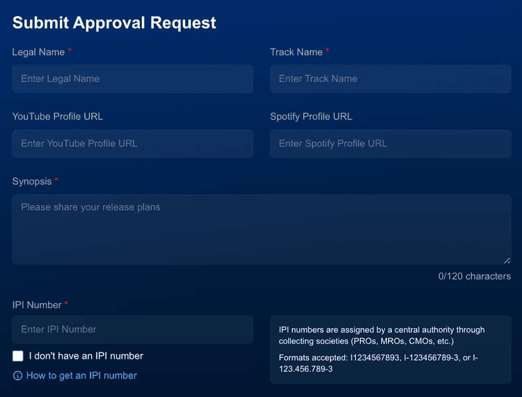 Approval request form showing fields for Legal Name, Track YouTube and Spotify URLs, Synopsis