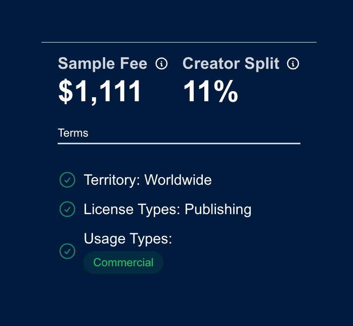 Custom terms showing sample fee, creator split, with territory, publishing license type, and commercial usage